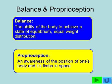 Balance & Proprioception Balance: The ability of the body to achieve a state of equilibrium, equal weight distribution. Proprioception: An awareness of.