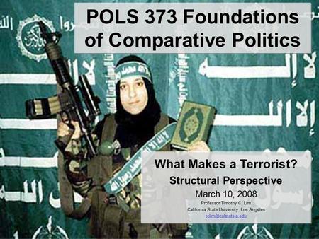 POLS 373 Foundations of Comparative Politics What Makes a Terrorist? Structural Perspective March 10, 2008 Professor Timothy C. Lim California State University,
