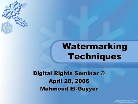 Watermarking Techniques Digital Rights Seminar © April 28, 2006 Mahmoud El-Gayyar.