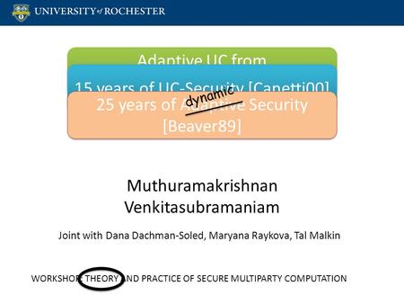 Muthuramakrishnan Venkitasubramaniam WORKSHOP: THEORY AND PRACTICE OF SECURE MULTIPARTY COMPUTATION Adaptive UC from New Notions of Non-Malleability Adaptive.