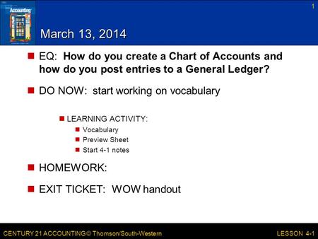 March 13, 2014 EQ: How do you create a Chart of Accounts and how do you post entries to a General Ledger? DO NOW: start working on vocabulary LEARNING.