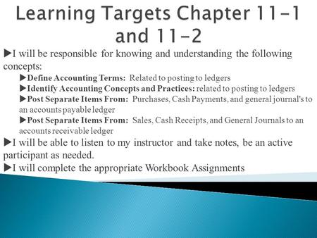  I will be responsible for knowing and understanding the following concepts:  Define Accounting Terms: Related to posting to ledgers  Identify Accounting.
