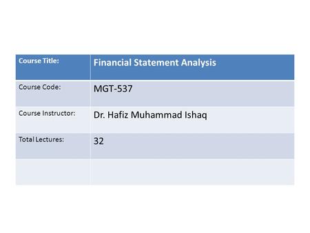 Financial Statement Analysis MGT-537 Dr. Hafiz Muhammad Ishaq 32