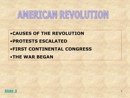1 CAUSES OF THE REVOLUTION PROTESTS ESCALATED FIRST CONTINENTAL CONGRESS THE WAR BEGAN Slide 3.