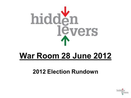 War Room 28 June 2012 2012 Election Rundown. War Room Monthly macro discussion Using tools in context Update on HiddenLevers Features Your feedback welcome.