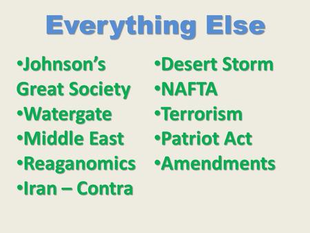 Everything Else Johnson’s Great Society Johnson’s Great Society Watergate Watergate Middle East Middle East Reaganomics Reaganomics Iran – Contra Iran.