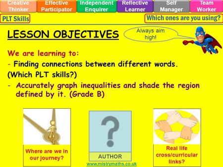 We are learning to: - Finding connections between different words. (Which PLT skills?) -Accurately graph inequalities and shade the region defined by it.