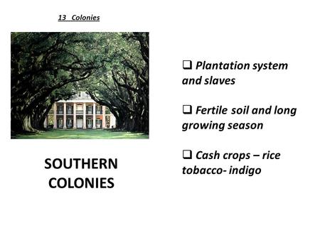 SOUTHERN COLONIES 13 Colonies  Plantation system and slaves  Fertile soil and long growing season  Cash crops – rice tobacco- indigo.