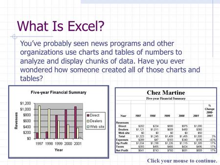 Click your mouse to continue. What Is Excel? You’ve probably seen news programs and other organizations use charts and tables of numbers to analyze and.