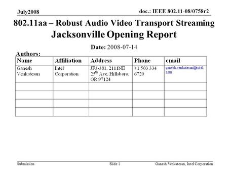 Doc.: IEEE 802.11-08/0758r2 Submission July2008 Ganesh Venkatesan, Intel CorporationSlide 1 802.11aa – Robust Audio Video Transport Streaming Jacksonville.