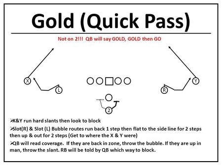 Gold (Quick Pass) L X R Y  X&Y run hard slants then look to block  Slot(R) & Slot (L) Bubble routes run back 1 step then flat to the side line for 2.