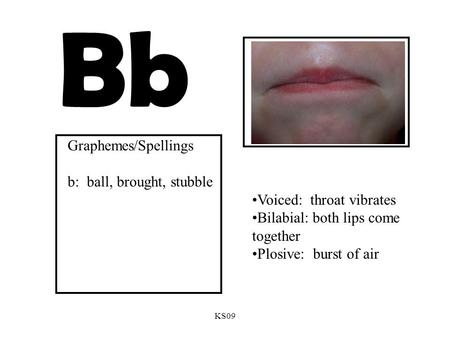 KS09 Bb Voiced: throat vibrates Bilabial: both lips come together Plosive: burst of air Graphemes/Spellings b: ball, brought, stubble.
