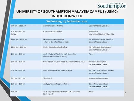 UNIVERSITY OF SOUTHAMPTON MALAYSIA CAMPUS (USMC) INDUCTION WEEK Wednesday, 24 September 2014 9.00 am – 12.00 pmEnrolment (Students only)Lecture Theatre.