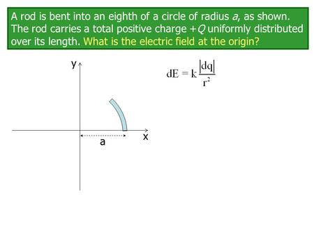 A rod is bent into an eighth of a circle of radius a, as shown. The rod carries a total positive charge +Q uniformly distributed over its length. What.