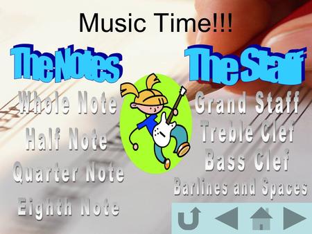 Music Time!!! Music Notes Music notes are what musicians read and play when performing music. They are called whole, half, quarter, and eighth notes.