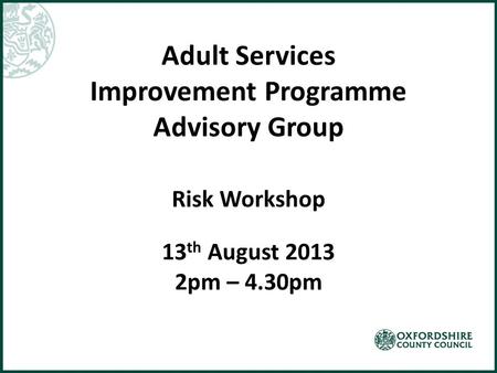 Adult Services Improvement Programme Advisory Group Risk Workshop 13 th August 2013 2pm – 4.30pm.
