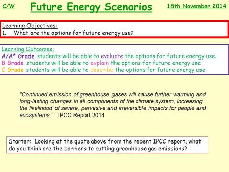 Future Energy Scenarios Learning Objectives: 1.What are the options for future energy use? Learning Outcomes: A/A* Grade students will be able to evaluate.