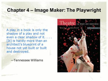 Chapter 4 – Image Maker: The Playwright A play in a book is only the shadow of a play and not even a clear shadow of it.... [It] is hardly more than an.