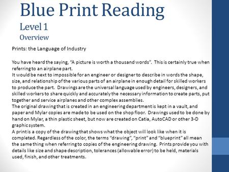 Blue Print Reading Level 1 Overview