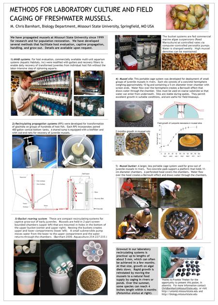 METHODS FOR LABORATORY CULTURE AND FIELD CAGING OF FRESHWATER MUSSELS. We have propagated mussels at Missouri State University since 1999 for research.
