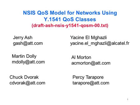1 NSIS QoS Model for Networks Using Y.1541 QoS Classes (draft-ash-nsis-y1541-qosm-00.txt) Jerry Ash Chuck Dvorak Percy Tarapore.