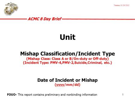 Version 11/26/2012 Unit Mishap Classification/Incident Type (Mishap Class: Class A or B/On-duty or Off-duty) (Incident Type: PMV-4,PMV-2,Suicide,Criminal,