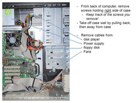 -From back of computer, remove screws holding right side of case -Keep track of the screws you remove! -Take off case wall by pulling back, then away from.