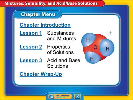 Chapter Menu Chapter Introduction Lesson 1Lesson 1Substances and Mixtures Lesson 2Lesson 2Properties of Solutions Lesson 3Lesson 3Acid and Base Solutions.