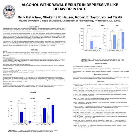 ALCOHOL WITHDRAWAL RESULTS IN DEPRESSIVE-LIKE BEHAVIOR IN RATS Bruk Getachew, Sheketha R. Hauser, Robert E. Taylor, Yousef Tizabi Howard University, College.