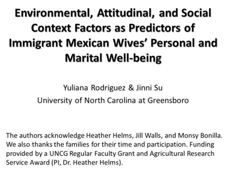 Environmental, Attitudinal, and Social Context Factors as Predictors of Immigrant Mexican Wives’ Personal and Marital Well-being Environmental, Attitudinal,