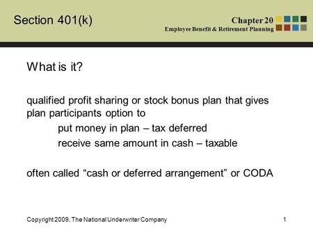 Section 401(k) Chapter 20 Employee Benefit & Retirement Planning Copyright 2009, The National Underwriter Company1 What is it? qualified profit sharing.