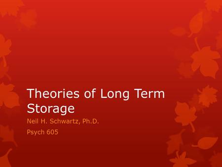 Theories of Long Term Storage Neil H. Schwartz, Ph.D. Psych 605.