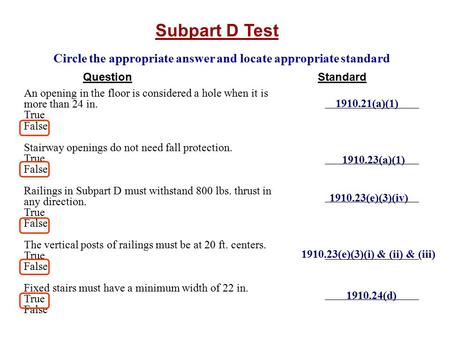 Subpart D Test Circle the appropriate answer and locate appropriate standard Question Standard An opening in the floor is considered a hole when it is.