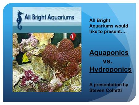 All Bright Aquariums would like to present…. Aquaponics vs. Hydroponics A presentation by Steven Colletti.
