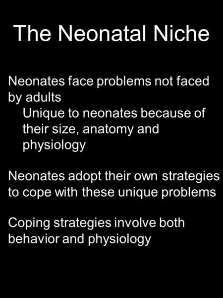 The Neonatal Niche Neonates face problems not faced by adults Unique to neonates because of their size, anatomy and physiology Neonates adopt their own.
