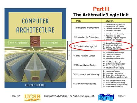 Jan. 2011Computer Architecture, The Arithmetic/Logic UnitSlide 1 Part III The Arithmetic/Logic Unit.