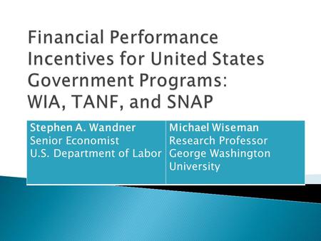 Stephen A. Wandner Senior Economist U.S. Department of Labor Michael Wiseman Research Professor George Washington University.