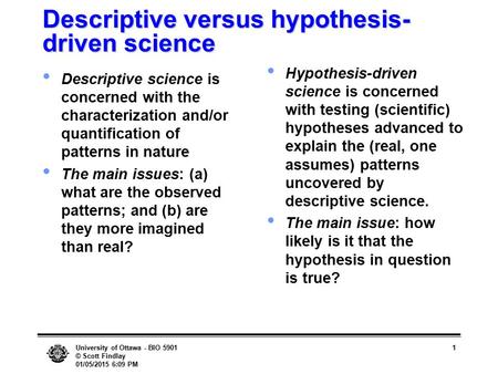 University of Ottawa - BIO 5901 © Scott Findlay 01/05/2015 6:10 PM 1 Descriptive versus hypothesis- driven science Descriptive science is concerned with.