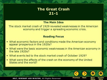 The Great Crash 21-1 The Main Idea