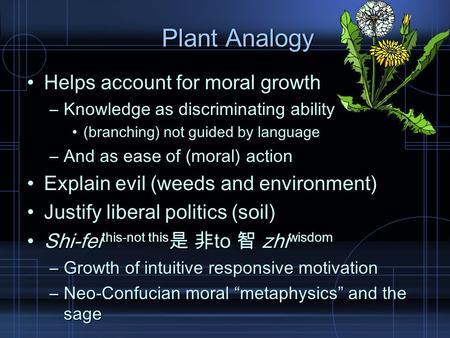 Plant Analogy Helps account for moral growthHelps account for moral growth –Knowledge as discriminating ability (branching) not guided by language(branching)