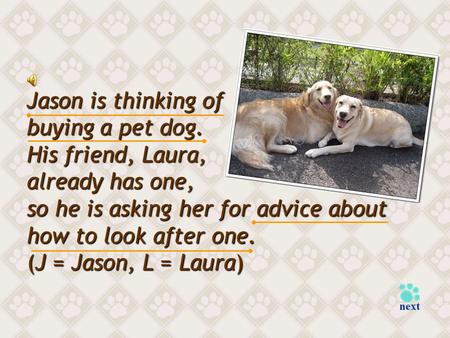 Jason is thinking of buying a pet dog. His friend, Laura, already has one, so he is asking her for advice about how to look after one. (J = Jason, L =