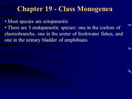 Chapter 19 - Class Monogenea Most species are ectoparasitic There are 3 endoparasitic species: one in the coelom of elasmobranchs, one in the ureter of.
