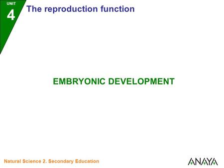 EMBRYONIC DEVELOPMENT UNIT 4 The reproduction function Natural Science 2. Secondary Education.