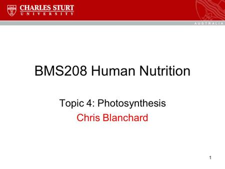 1 BMS208 Human Nutrition Topic 4: Photosynthesis Chris Blanchard.