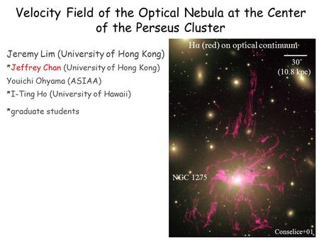 Velocity Field of the Optical Nebula at the Center of the Perseus Cluster Jeremy Lim (University of Hong Kong) *Jeffrey Chan (University of Hong Kong)