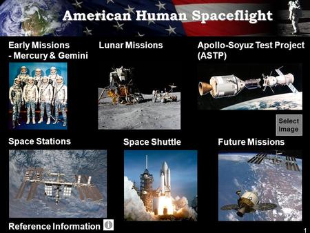 1 American Human Spaceflight Early Missions - Mercury & Gemini Lunar Missions Space Stations Space ShuttleFuture Missions Reference Information Apollo-Soyuz.