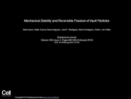 Mechanical Stability and Reversible Fracture of Vault Particles Aida Llauró, Pablo Guerra, Nerea Irigoyen, José F. Rodríguez, Núria Verdaguer, Pedro J.