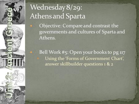 Objective: Compare and contrast the governments and cultures of Sparta and Athens. Bell Work #5: Open your books to pg 117 Using the ‘Forms of Government.