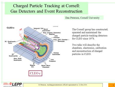 D. Peterson, tracking presentation to ATLAS representatives 12-Oct-2004 1 Charged Particle Tracking at Cornell: Gas Detectors and Event Reconstruction.