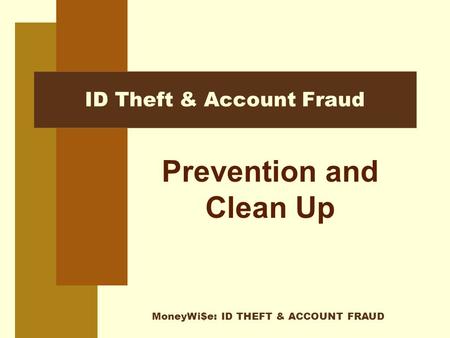MoneyWi$e: ID THEFT & ACCOUNT FRAUD ID Theft & Account Fraud Prevention and Clean Up.